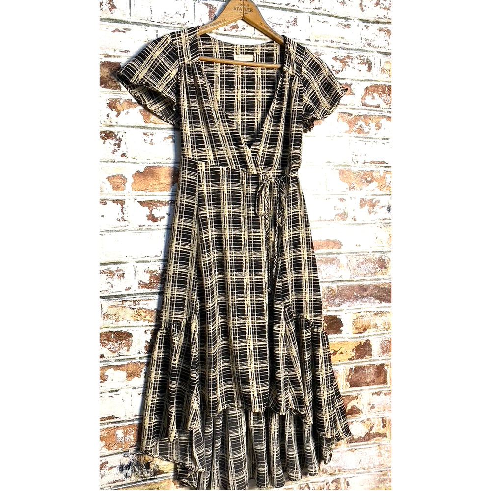 Urban Outfitters Daphne Boho Black Print Short Sleeve Wrap High Low Midi Dress - Picture 5 of 13